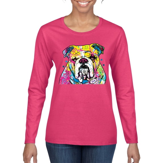 Wild Bobby Dean Russo Neon Colorful Pug Dog The Bulldog Dog Lover Women Graphic Long Sleeve Tee, Fuschia, Small