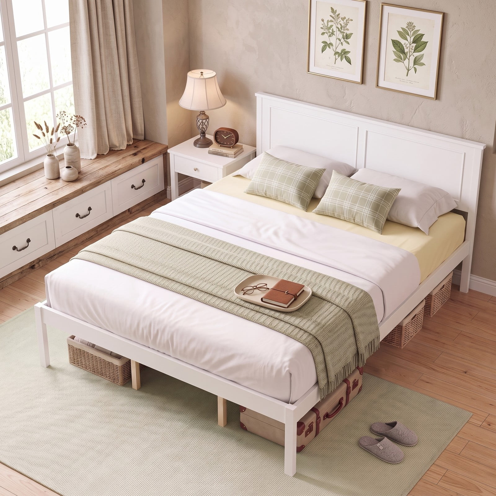 Furnibear Queen Size Farmhouse Wood Bed Frame Platform Bed with Paneled Headboard and Under Bed Storage for Bedroom Guest Room, White