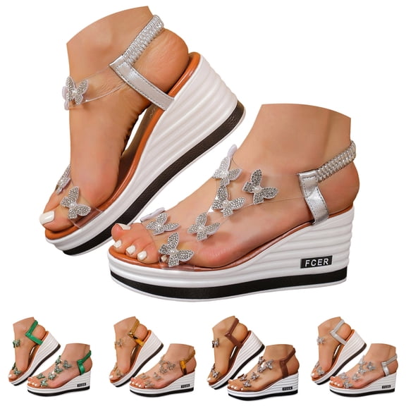 Dakaela Women's High Heel Wedge Sandals Butterfly Rhinestones Platform Cute Slides Elastic Ankle Strap Boho Summer Beach Shoes Size 6-9 Brown