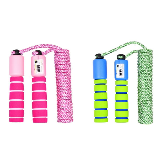 Kids Jump Ropes, Adjustable Soft Skipping Rope, Kids Fitness Equipment with Foam Handles for Kids. The image displays two jump ropes, one in pink and white and the other in green and blue, both featuring foam handles and mechanical counters for tracking skips. Made of polyester and pure cotton, the ropes are tangle-free and adjustable. Sold as a 2-pack, they are ideal for family fitness activities.