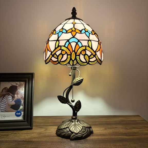 Tiffany Table Lamp Pink Stained Glass Baroque Style LED Bulb Included for Living Room Bedroom Bedside 8"W*8"D*16"H