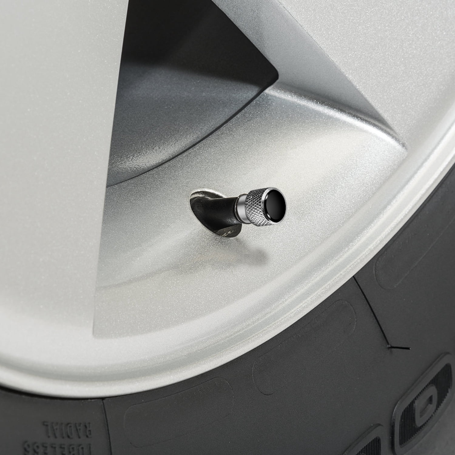 Cadillac Logo in Black on Shining Silver Aluminum Tire Valve Stem Caps