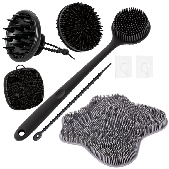 Threns Shower Body Brush Set, Bath Accessories Includes Shower Foot Scrubber Mat Double Sided Back Scrubber Face Brush Scalp Massager Bath Brush with 2 Hook for Men and Women