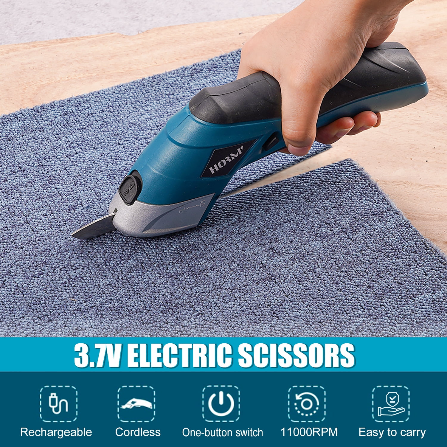 HORMY Cordless Electric Scissors with Two Blades, 3.6V Super Scissors Rechargeable with Safety Lock, for Cardboard Cutting Fabric Paper Sewing, Blue