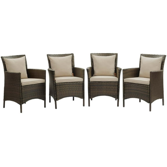 Modway Conduit Outdoor Patio Wicker Rattan Dining Armchair Set of 4 in Brown Beige