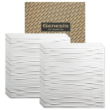 Genesis 2ft x 2ft White Drifts Ceiling Tiles - Easy Drop-in Installation - Waterproof, Washable and Fire-Rated - High-Grade PVC to Prevent Breakage - Package of 12 Tiles