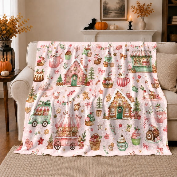 Whimsical Christmas Sweets Village Baking Scene, Festive Holiday Scene, Warm Flannel Blanket for Kitchen and Dining Room, Art Lovers Christmas Gift, Festive Home Decor