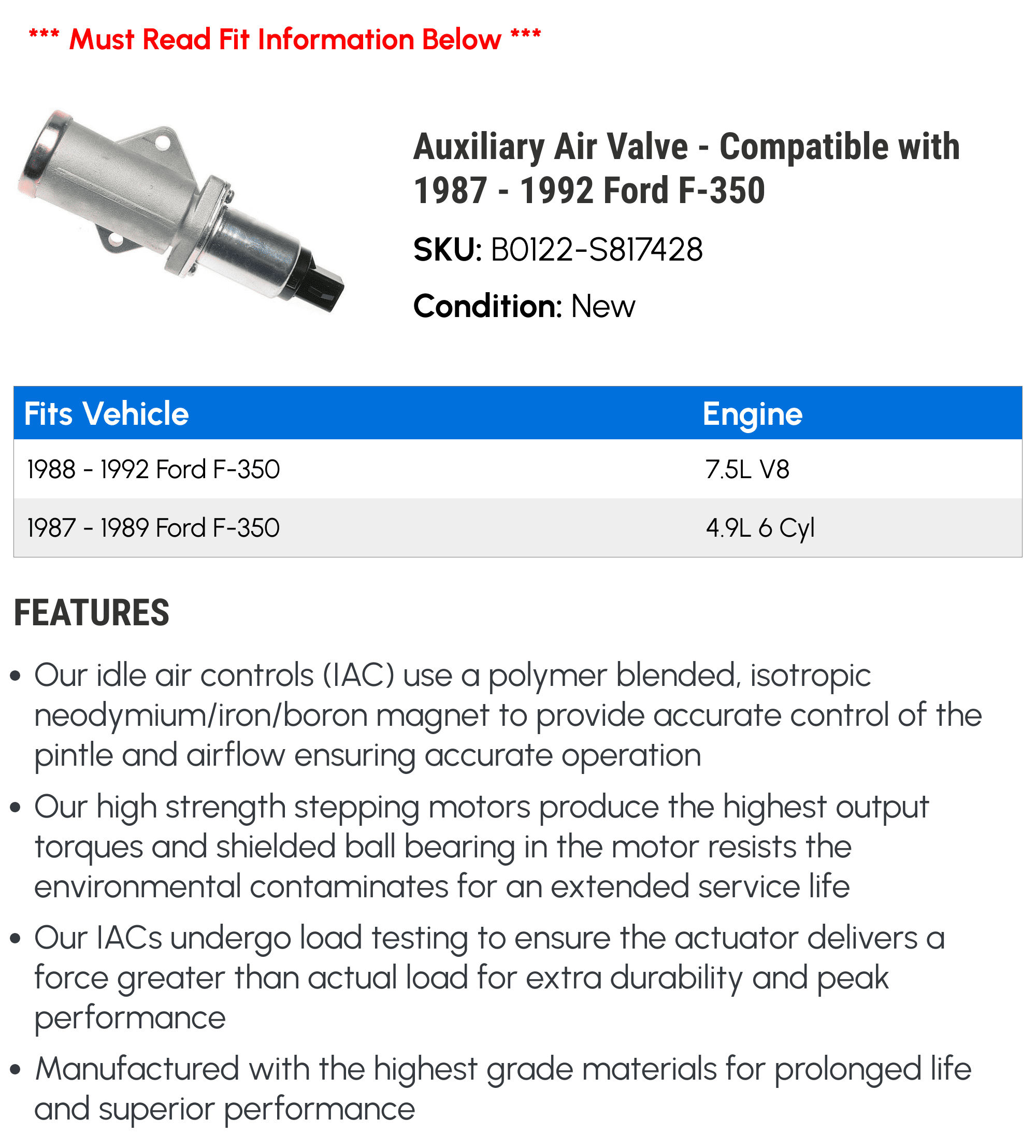 Idle Air Control Valve - Compatible with 1987 - 1992 Ford F-350 1988 1989 1990 1991