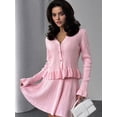 thumbnail image 4 of Women'S Two-Piece Knit Set Long Sleeve V-Neck Sweater with Ruffle Hem Mini Skirt Loungewear Pink S, 4 of 7