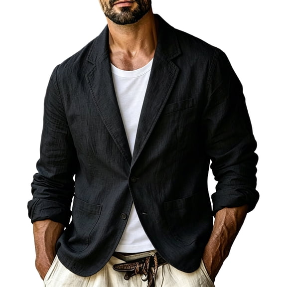 LODIENY Mens Cotton Linen Blazers with Pockets Two Button Down Long Sleeve Notched Lapel Collar Blazer Lightweight Casual Work Suit Jackets Black M