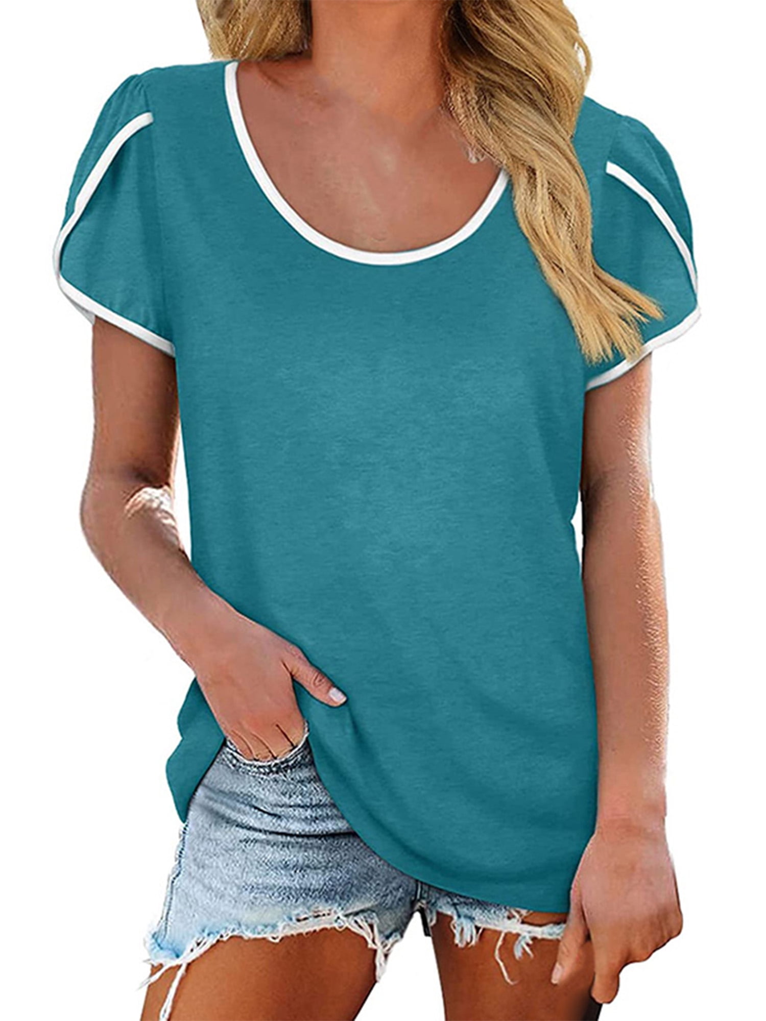 Summer Womens Casual Loose T Shirt Short Sleeve Crew Neck Blouse Solid Beach Top