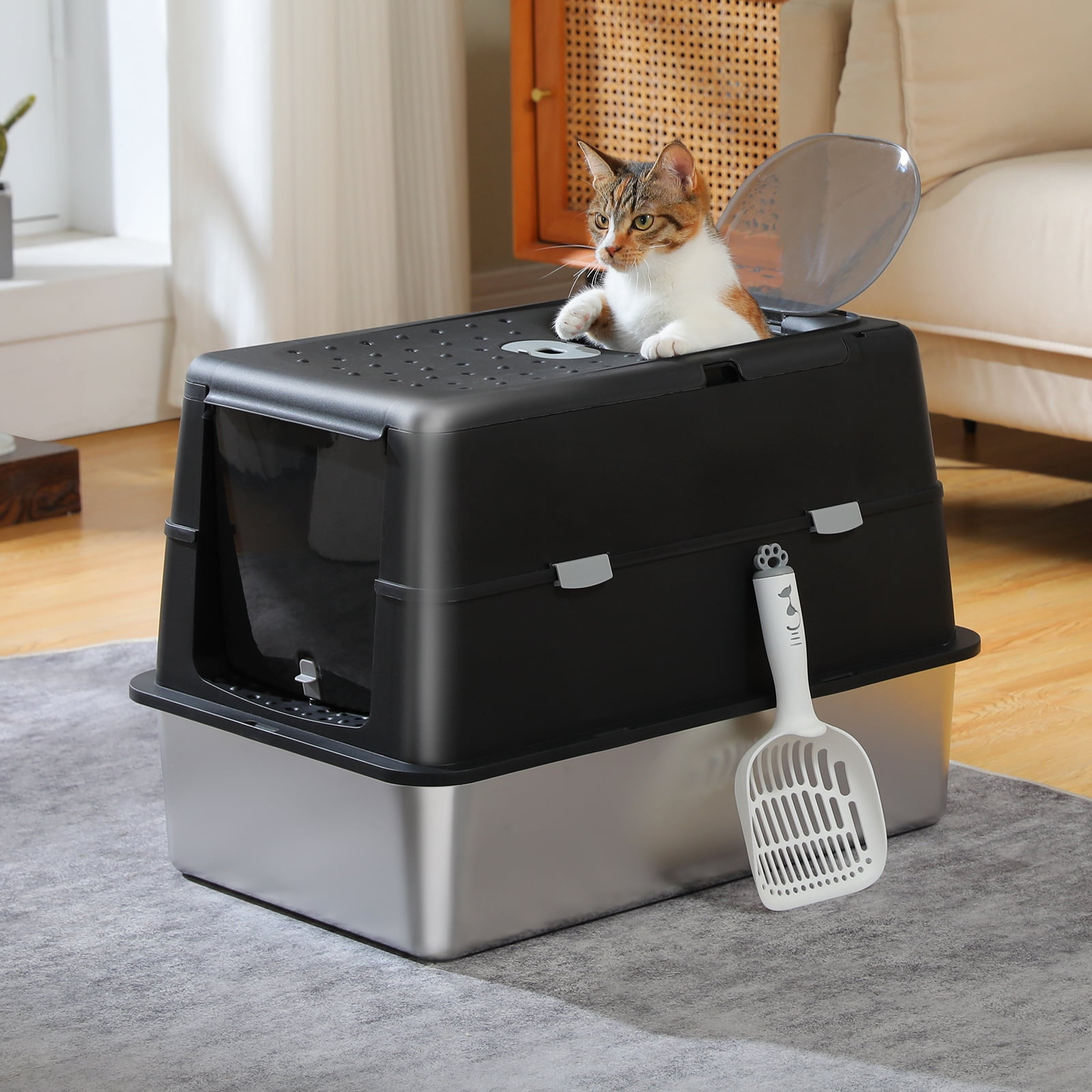Pefilos 16" High Sides Stainless Steel Cat Litter Box, Anti-Leakage Enclosed Litter Box with Non-Sticky Metal Pan, Scoop, Front & Top Dual Entry for Big Cats, Black