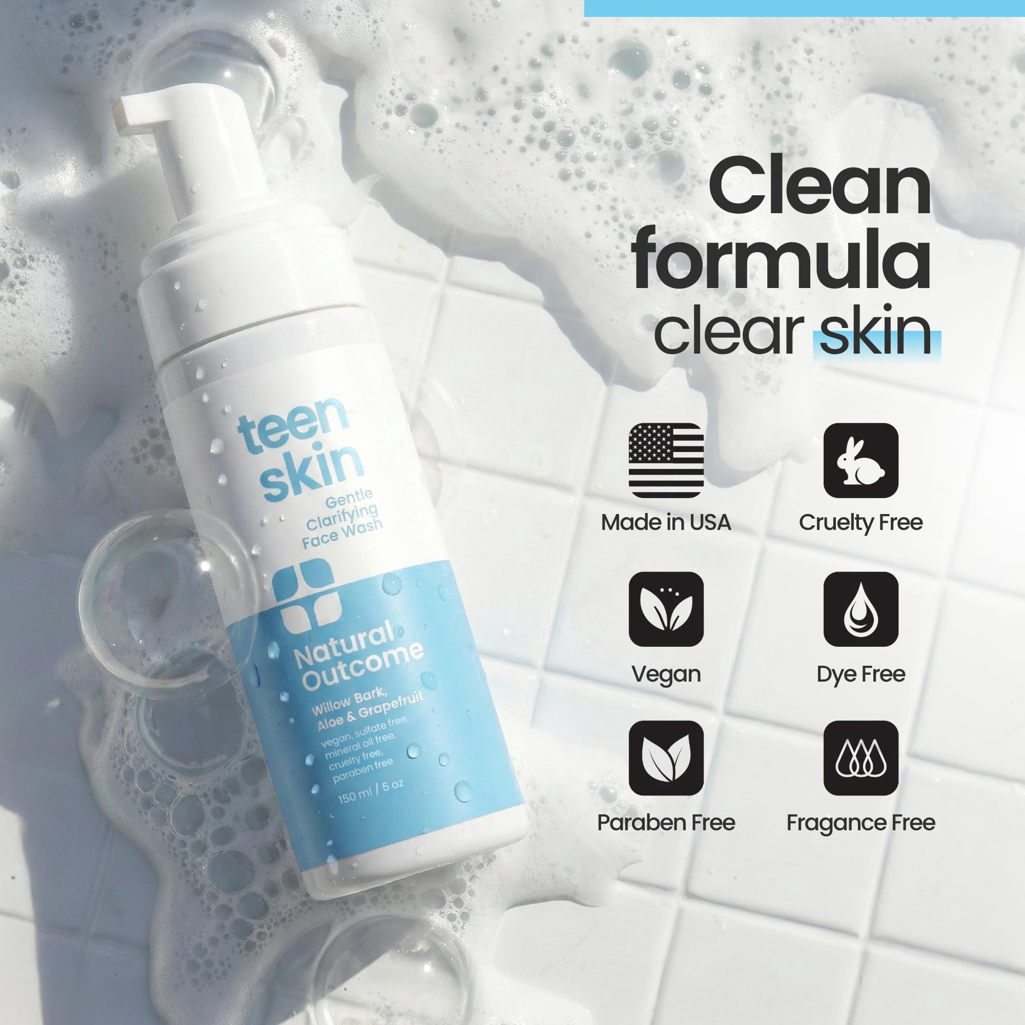 Teen Face Wash Skin | Gentle Foaming Daily Boys & Girls Facial Cleanser Lotion | Natural Non-toxic Ingredients | For Teens, Preteens & Kids Looking to Prevent Acne | 5 oz by Natural Outcome