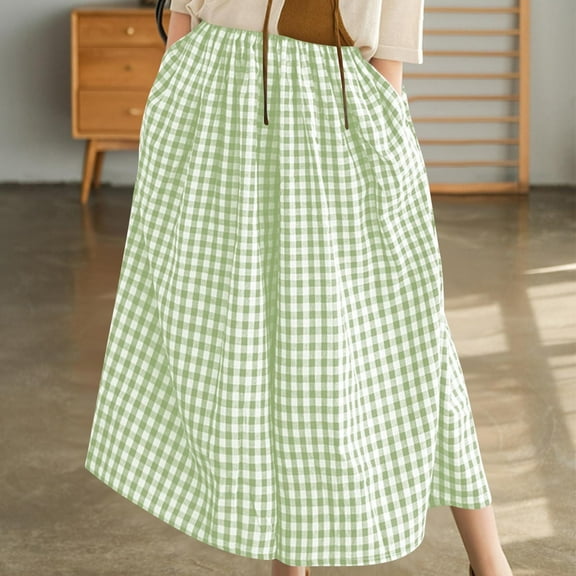 Roncen Women's Checkered Wide-Leg Cropped Pants - Loose Fit Elastic Waist Casual Trousers with Pockets