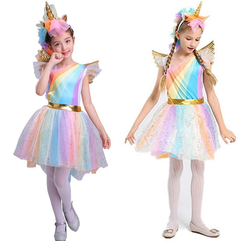 Rainbow Unicorn Costume Girl Cosplay Dress Gold Wing Headband Birthday Party 