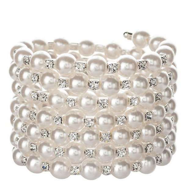 Pulsera elástica de perlas y diamantes brillantes, joyería nupcial Art Déco de 7 filas