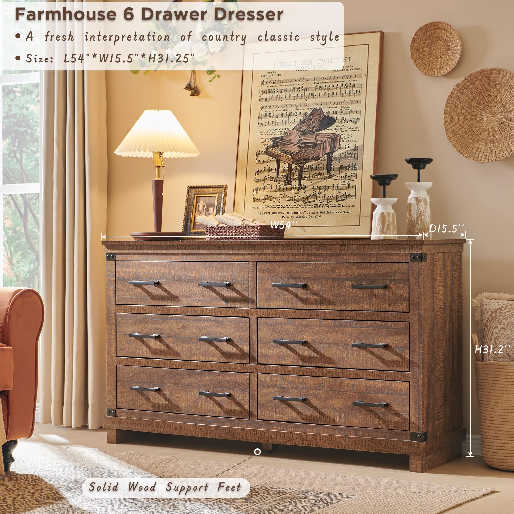 OKD Farmhouse 6 Drawers Dresser for Bedroom, Wood Large Chest of Drawers with Thick Plank Styling, Rustic Closet Dresser for Bedroom, Living Room, Reclaimed Barnwood Color