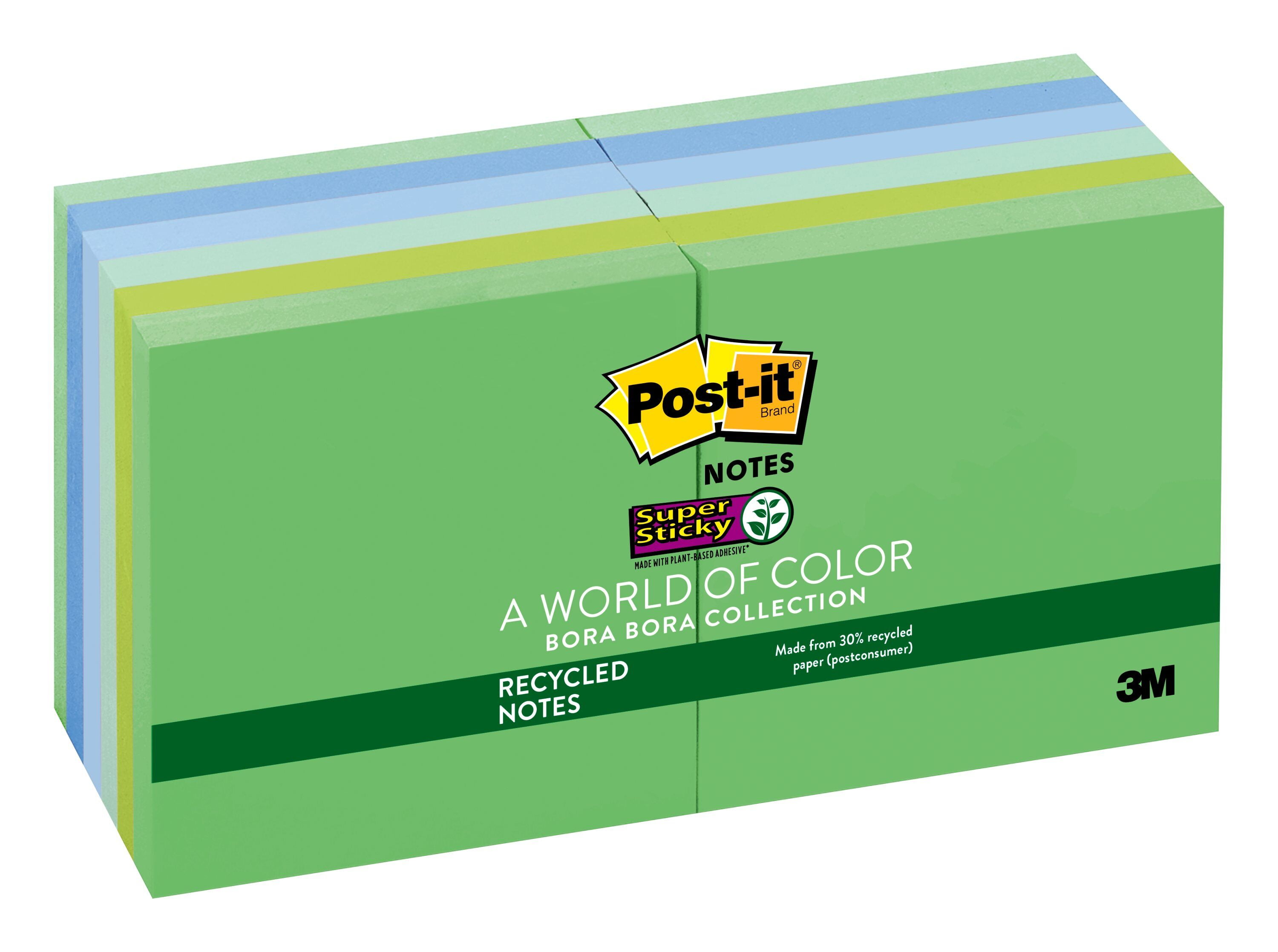 Postit Recycled Super Sticky Notes, 3" x 3", Blue/Green, 12 Pads