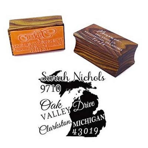 Custom Michigan State Map Wood Mounted Rubber Stamp Return Address Stamp Gift Idea