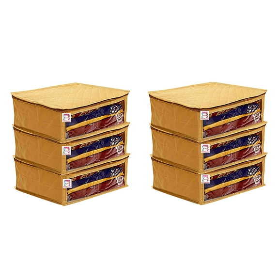 atorakushon Fabric Satin Foldable Saree Covers Cloth Garments Storage Bag Wardrobe Organizers with Strong Zippers & Transparent Window Pack of 6 Gold