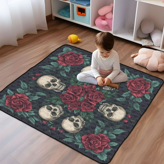 WOBOGO Skull Red Rose Darkpattern Baby Playmats Extra Large Waterproof Rollable Activity Pads for Toddlers 50×50inch
