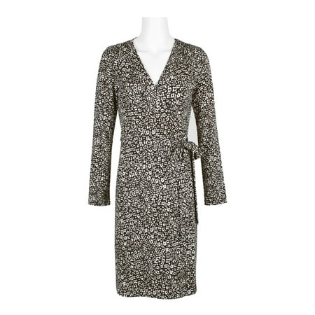 Adrianna Papell Surplice Neck Long Sleeve Tie Side Multi Print Rayon Jersey Faux Wrap Dress-BLACK ECRU