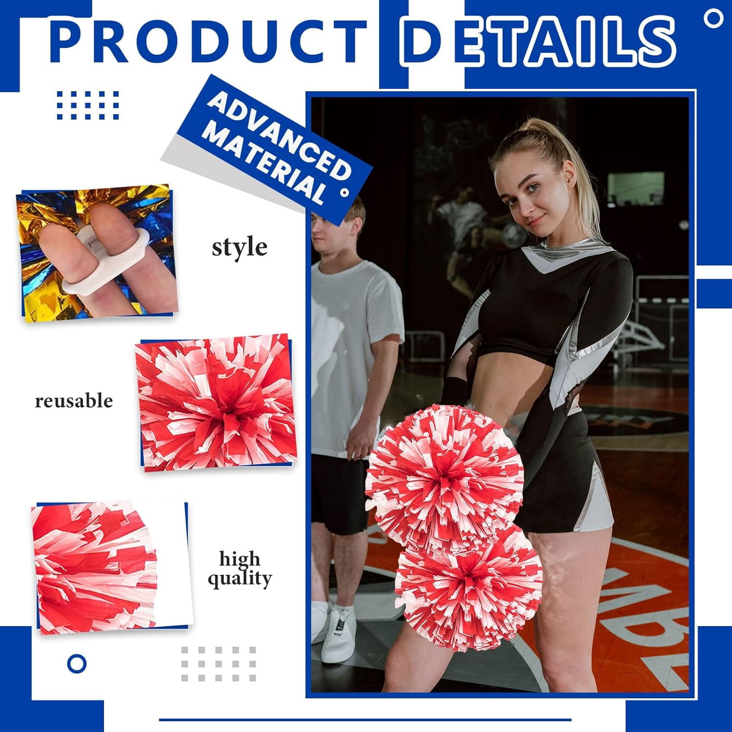 Cheerleader Pom Poms 12 Pack Sports Dance Cheering Plastic Metallic Cheerleading Pom Poms for Kids Adults-Ring Style