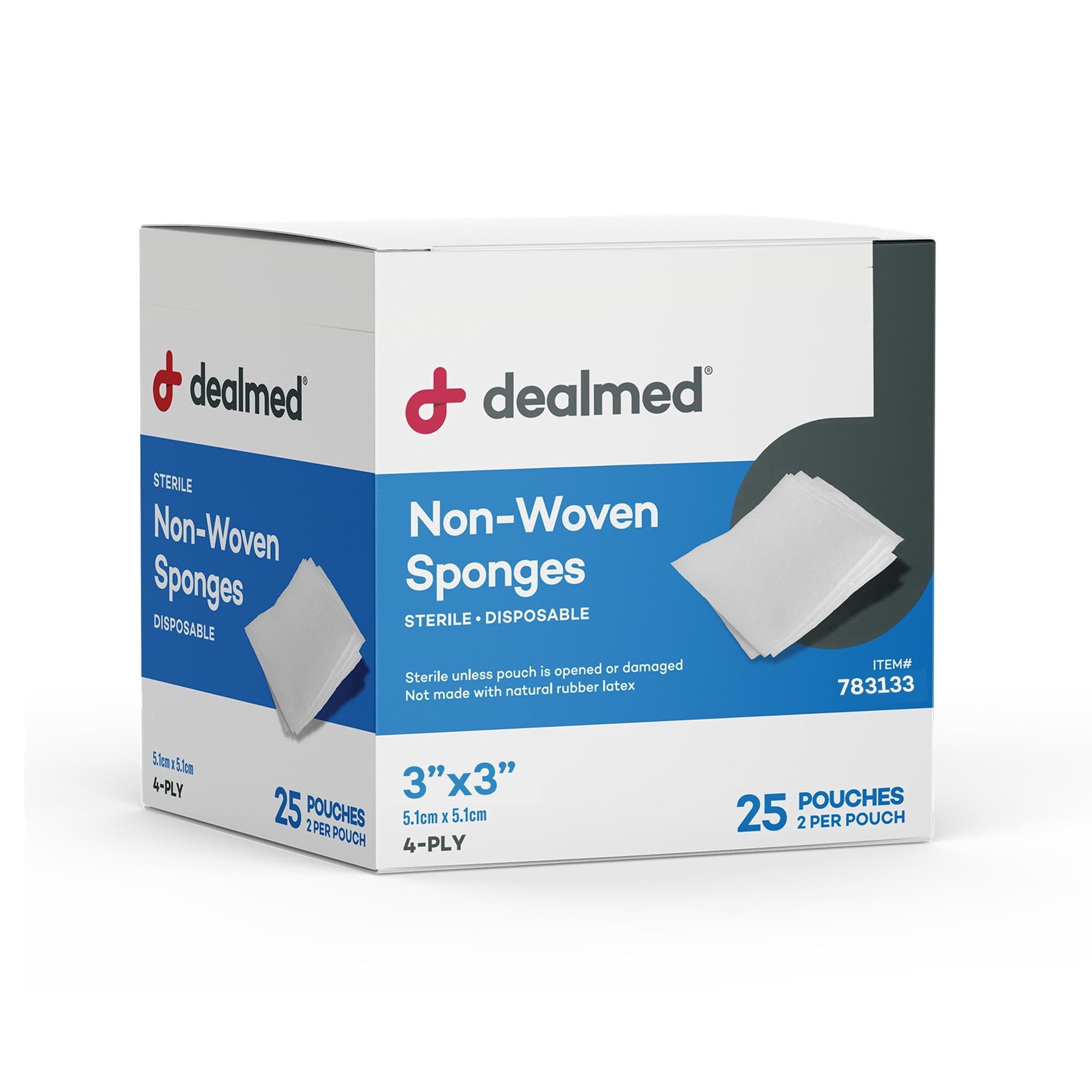 Dealmed 3" x 3" Premium Non-Woven Sponges, 4-Ply Absorbent Gauze Pads for First Aid Kits and Medical Facilities, Sterile 2's, 25 Pouches/Box (Pack of 1)