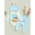 thumbnail image 2 of Bagilaanoe 3Pcs Newborn Baby Girl Boy Easter Outfits Cartoon Print Long Sleeve Romper Tops + Stripe Flare Trousers + Hat 3M 6M 9M 12M Infant Long Pants Set, 2 of 9