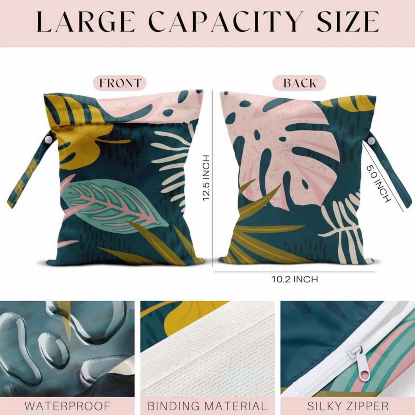 2Pcs Waterproof Wet Dry Bag Reusable Washable Cloth Diaper Swim Nappy, Swimsuit Bag with Hook Pouch 10x13"