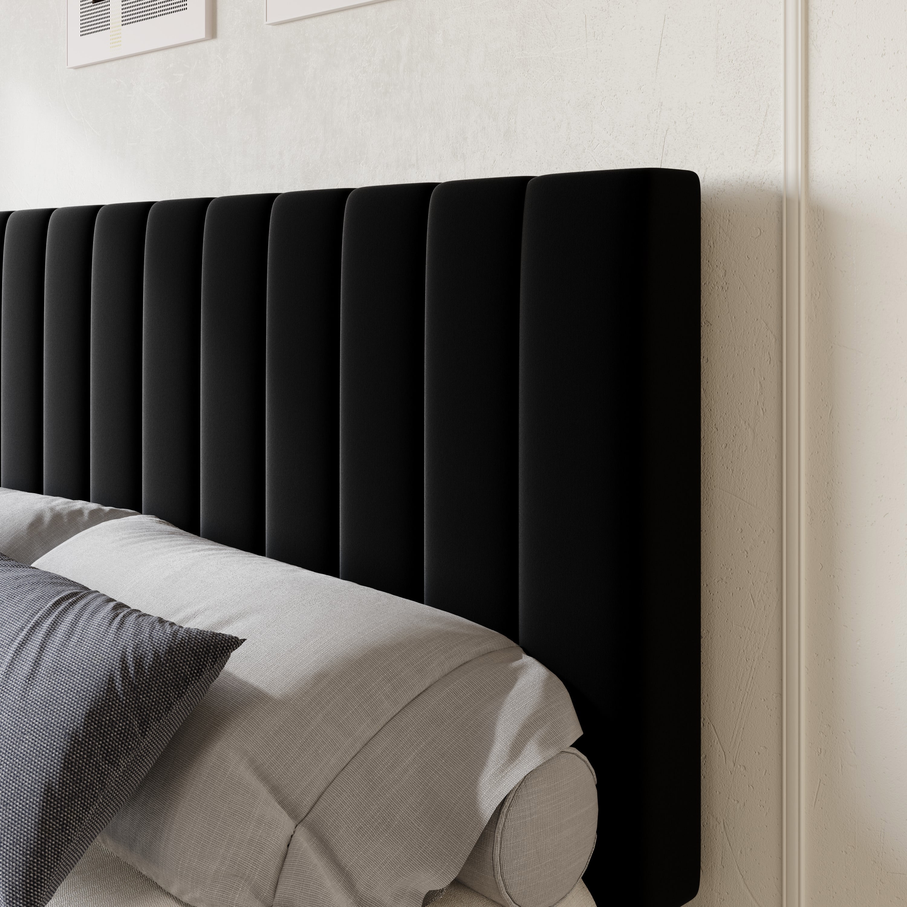 SHA CERLIN Full Size Platform Bed Frame with 4 Storage Drawers, Vertical Channel Tufted Adjustable Headboard, Velvet Upholstered, Wooden Slats Support, No Box Spring Needed, Black