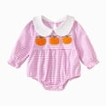 thumbnail image 6 of Staki Newborn Infant Baby Girl Halloween Outfits Embroidered Pumpkin Onesie Long Sleeve Smocked Bubble Romper 0-18M(Pink,0-3 Months), 6 of 8