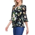 thumbnail image 5 of INSPIRE CHIC Women's Tops 3/4 Sleeves Ruffle Hem Floral Chiffon Shirt Blouses S Black Blue, 5 of 7