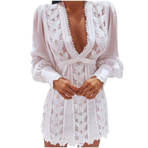 IROINNID Savings Formal Dress for Women Wedding Guest Evening Party Formal Dress Spring/Summer Lantern Long Sleeve V-Neck Solid Color Dress,White