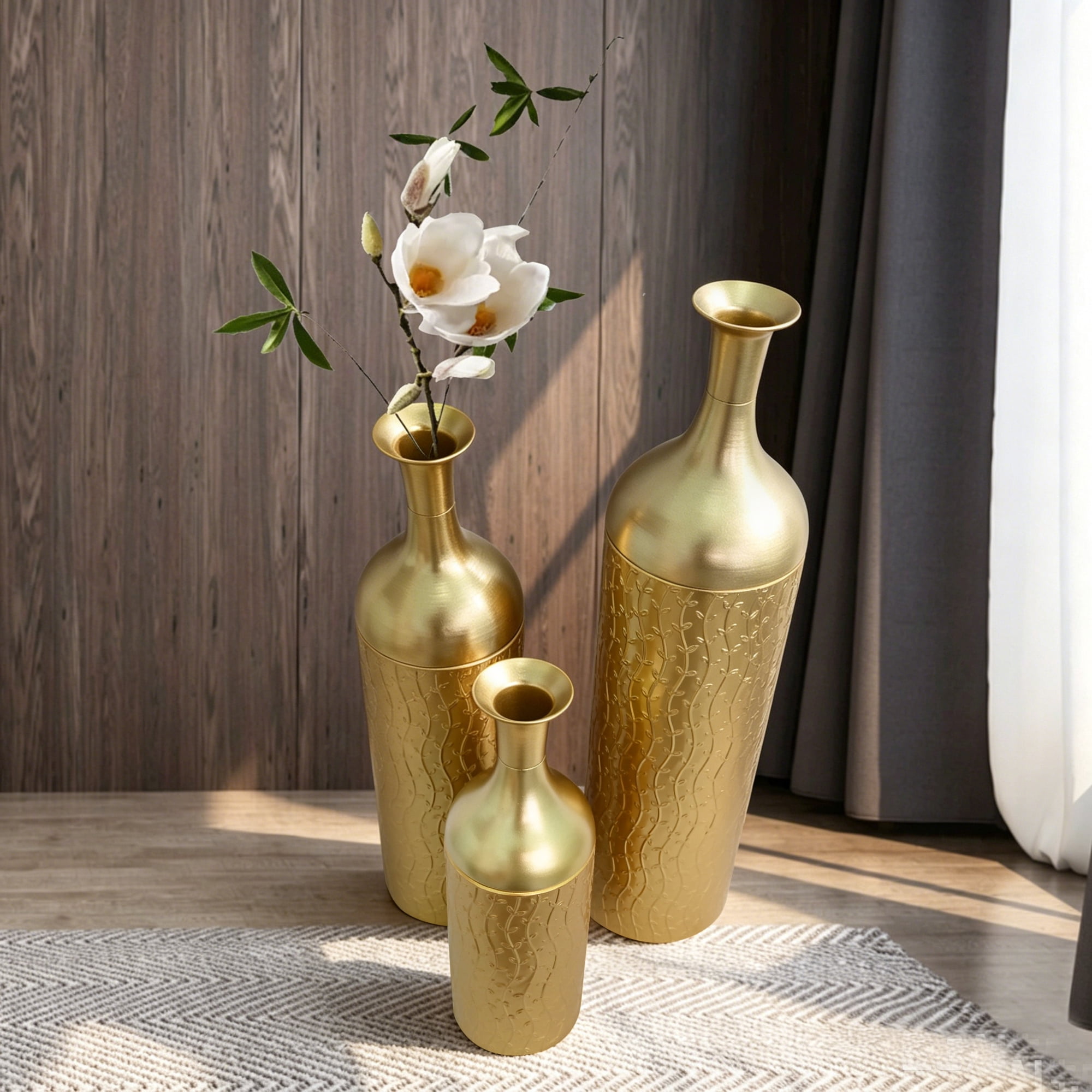 Leumius Decorative Metal Vases Set of 3, Gold Leaf Pattern Floor Vases, Gold Tall Vases for Home Decor, Living Room Entryway Decor