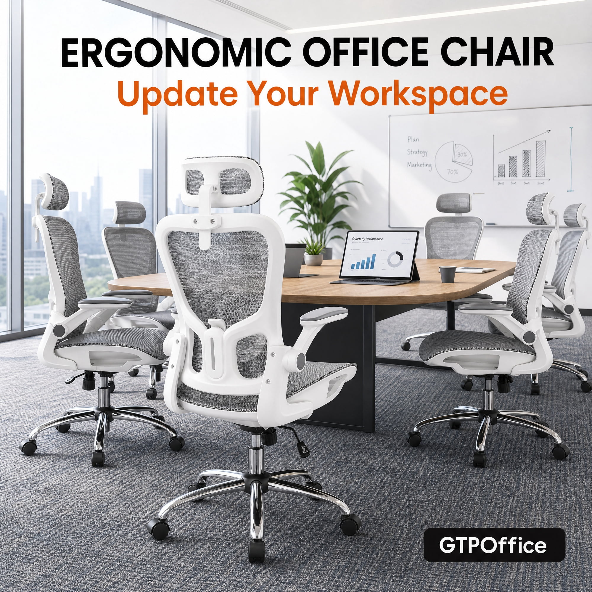 Cloudrest Pro Ergonomic Mesh Office Chair, High Back Task Chair with Flip-up Arms, Adjustable Headrest & Lumbar Support for Home Office, White