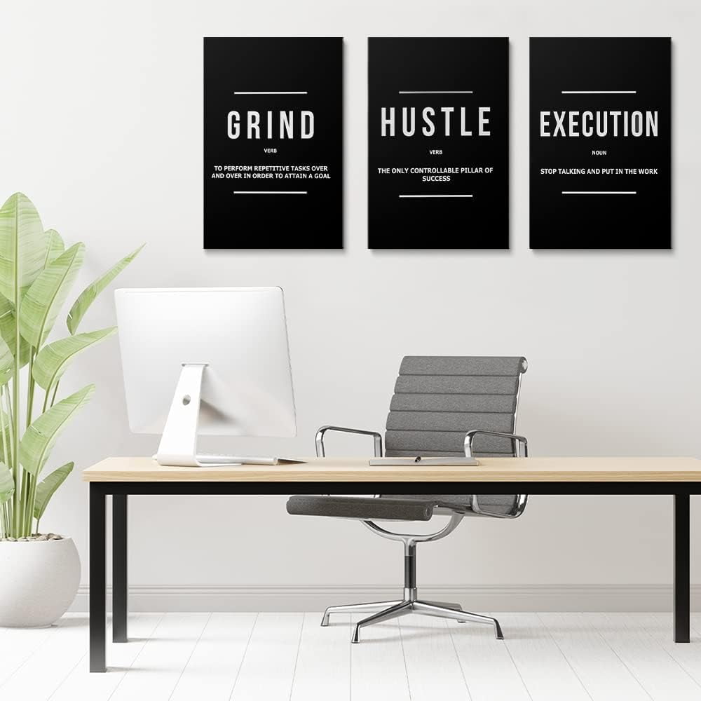 GUBIYU Hustle Grind Execution Wall Art Set of 3 Framed Canvas Black Motiviational Wall Art Home Office Wall Decor Inspirational Positive Quotes Posters Success Entrepreneur Gifts for Mens Guys 12"x16"