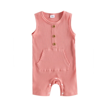 

Acuteok Baby Boy Girls Summer Jumpsuit Casual Solid Color Ribbed Sleeveless Romper with Pocket for Newborn Infant