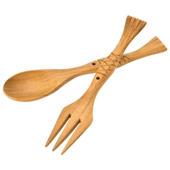 Stylish and Chic Cutlery Carved Fish Teak Wood Spoon and Fork Set
