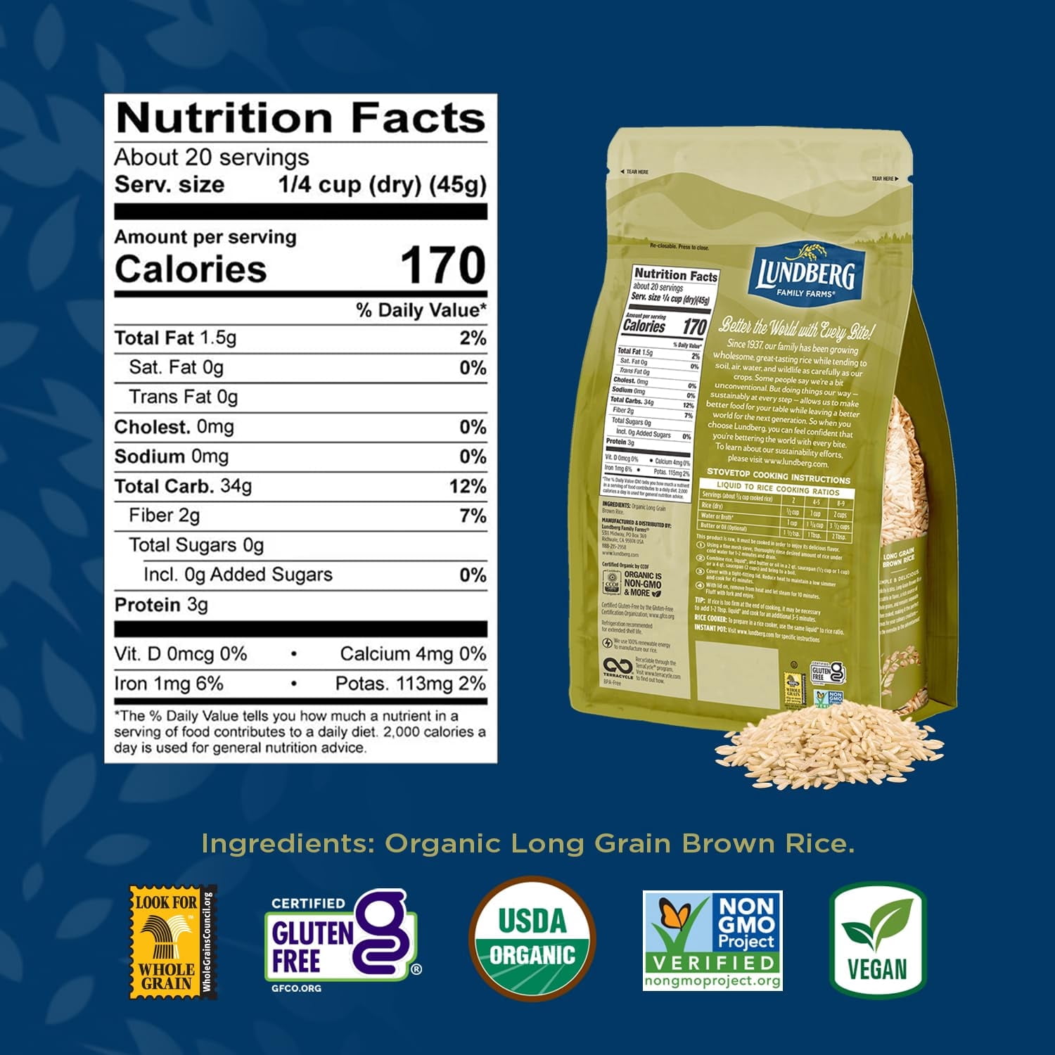 Lundberg Brown Rice, Regenerative Organic Certified, 2-Pack â€“ Non-Sticky, Aromatic Long Grain Rice, Responsibly Grown in California, 32 Oz Ea