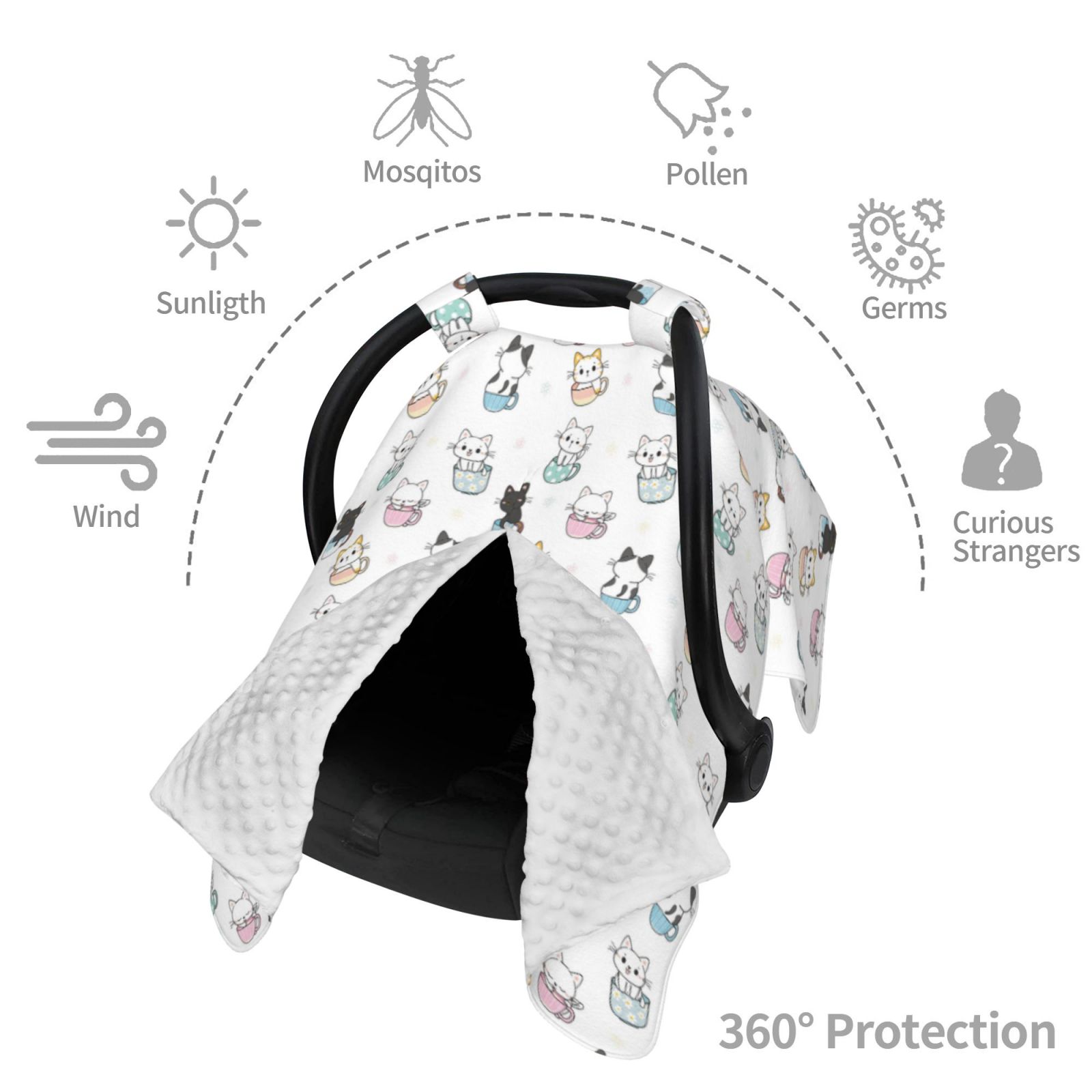Car Seat Cover Baby - Cute Cartoon Hand Drawn Cat Breathable Infant Car Seat Cover for Baby Carseat, Lightweight Comfort Baby Essentials Must Haves Newborn Stuff for Girl Boy