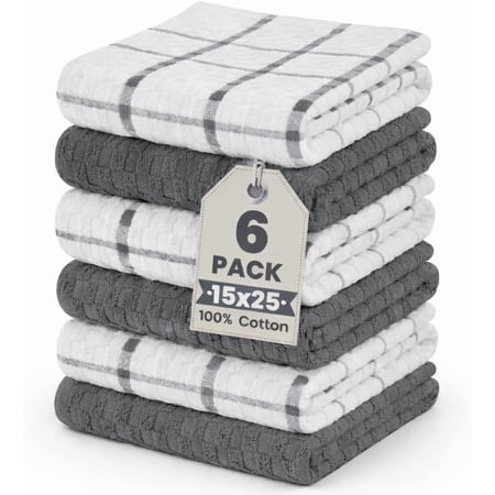 JJEAN-Kitchen Towels 6 Pack Premium 100% Cotton Dish Towels for Kitchen (15 x 25 Inches) Super Soft & Absorbent Kitchen Hand Towels for Drying Dishes Cleaning - Reusable and Washable (Grey)