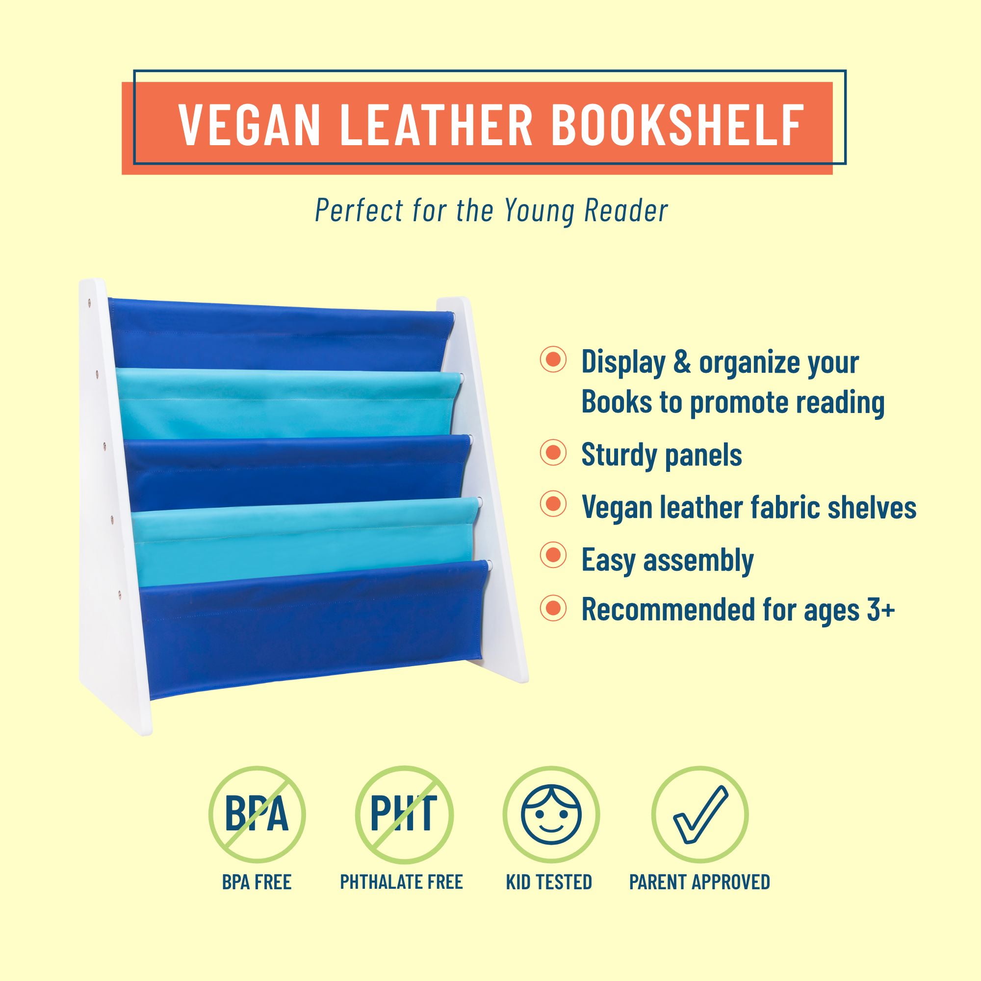 Wildkin Vegan Leather Original Sling Bookshelf - White Wood w/ Light Blue and Dark Blue