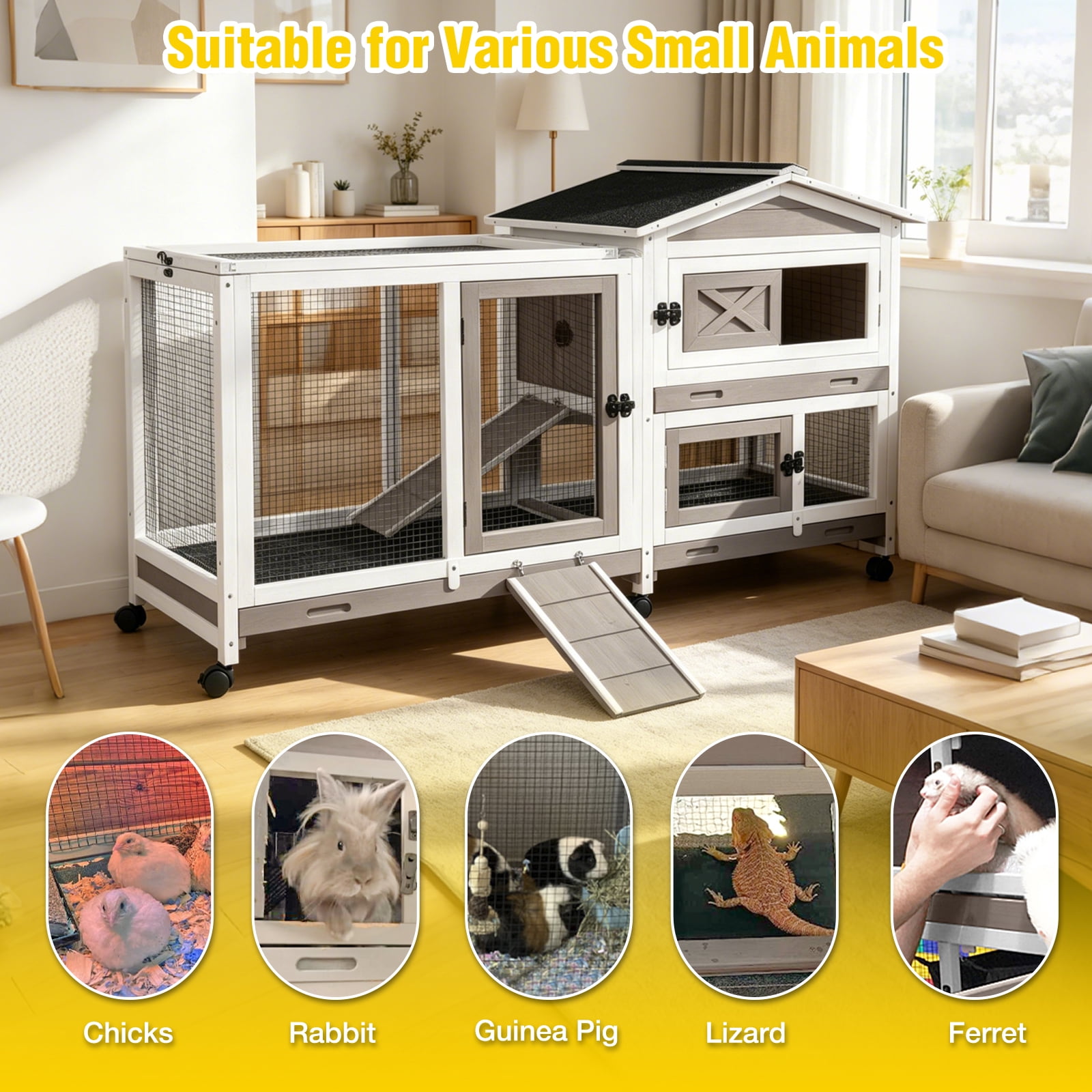 Aivituvin Rabbit Hutch with Wheels for Outdoor & Indoor, 2-Story Bunny Cage Guinea Pig House with Pull Out Tray for Rabbits, Gray