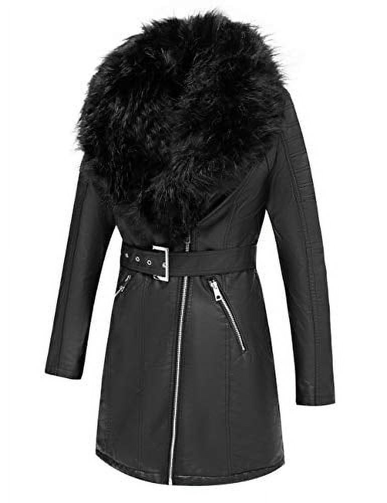 Giolshon Faux Leather Jackets for Women,Long Plus size Outwear coat with Detachable Fur Collar for Fall and Winter - image 3 of 6