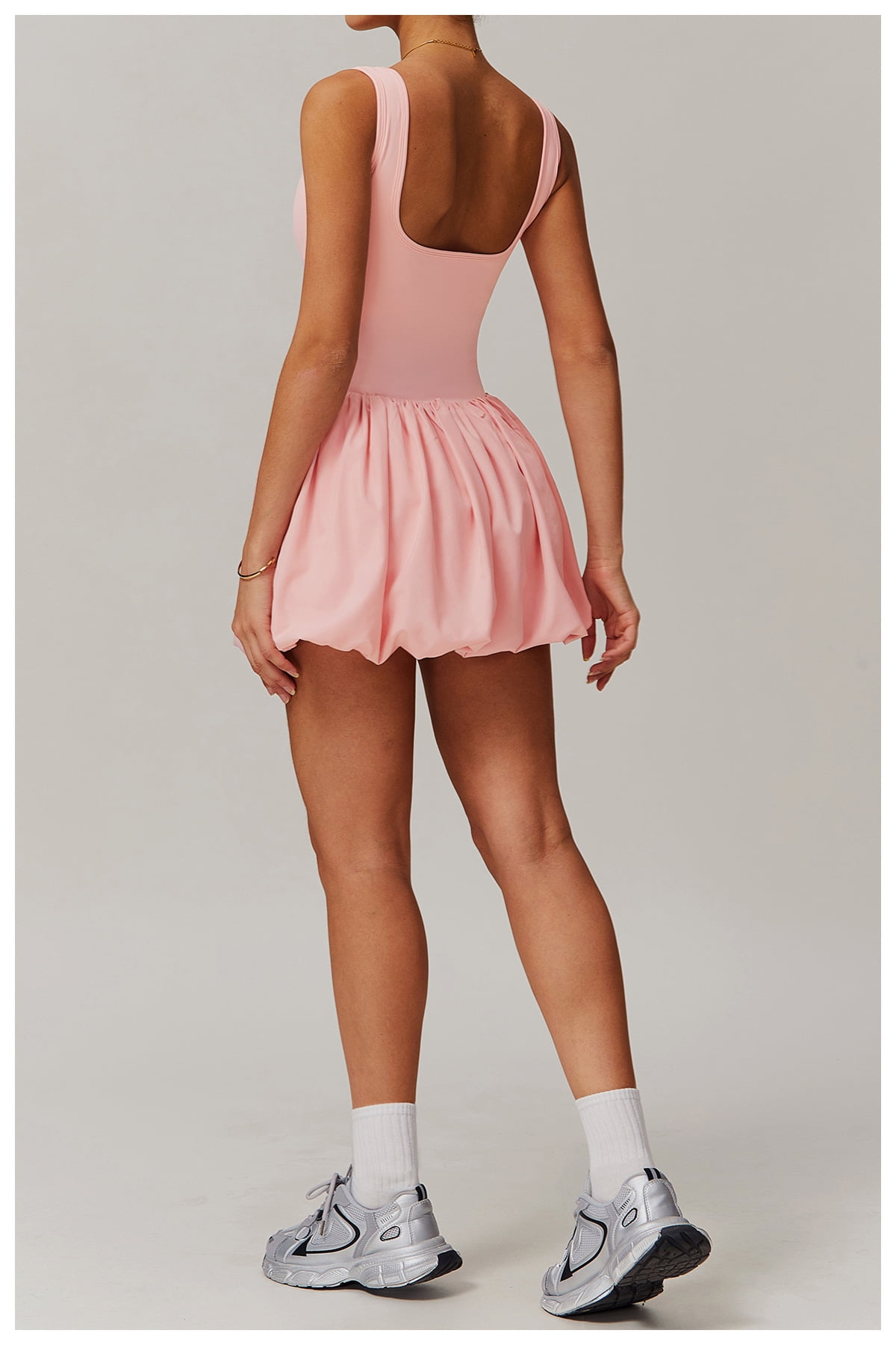 PISONIC Womens Tennis Golf Dress with Built-in Bra Shorts Backless Square Neck Mini Puffy Skirt Athletic Dresses with Pockets