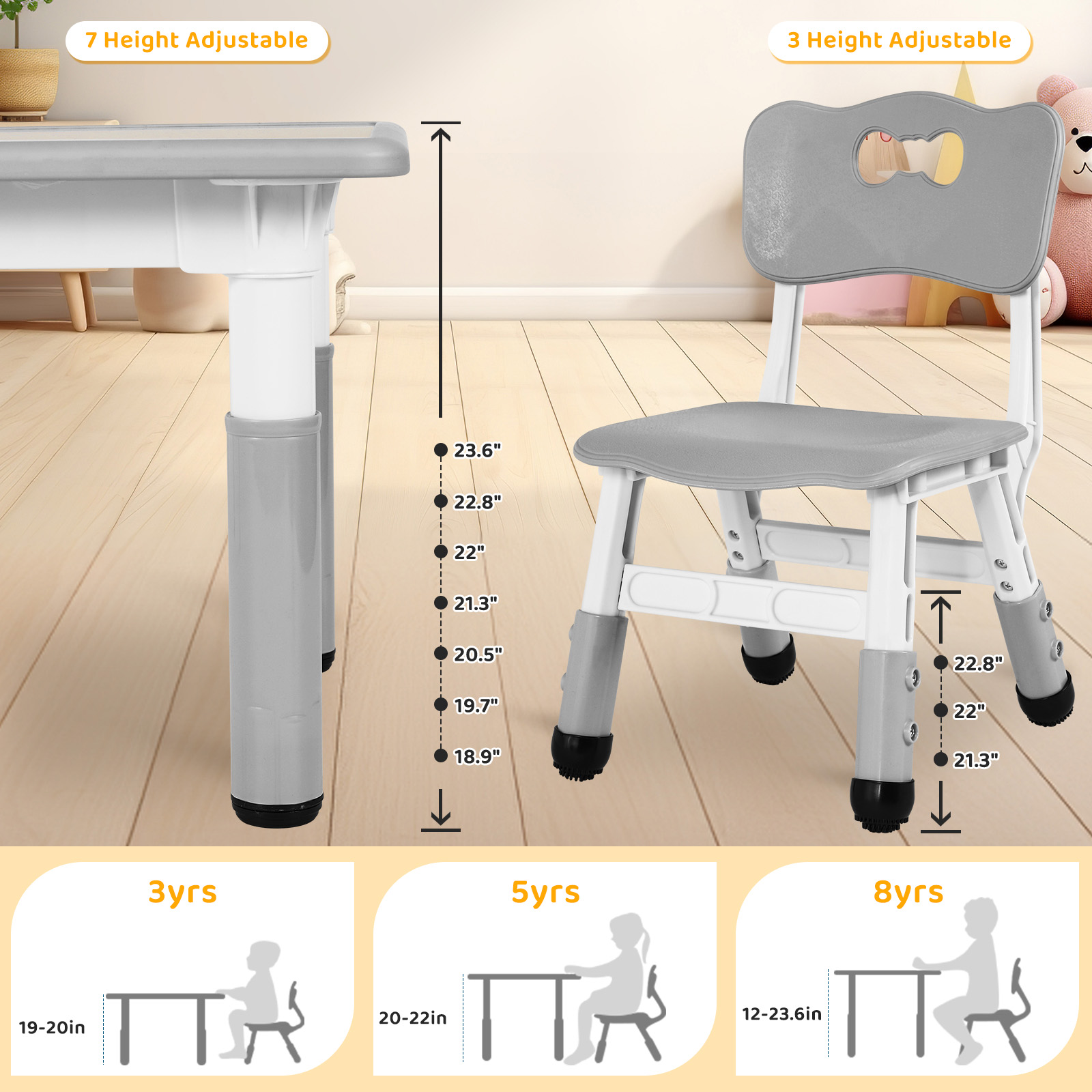 Arlopu Kids Table & 6 Chairs Set, Height Adjustable, Gray photo 3