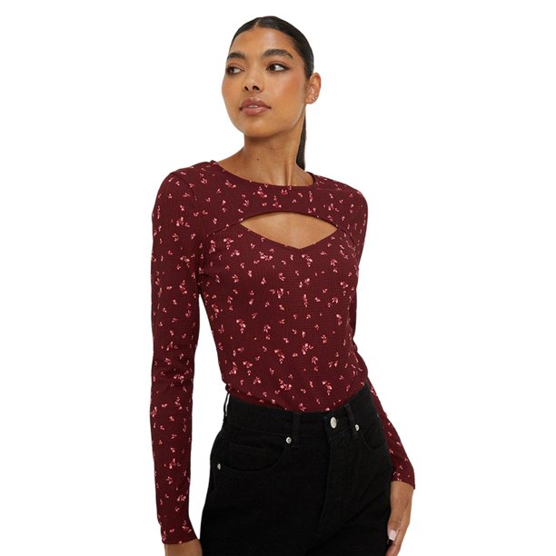 Dorothy Perkins - Jersey Estampado Ditsy de Arrugado de Manga Larga para Mujer (Burdeos)