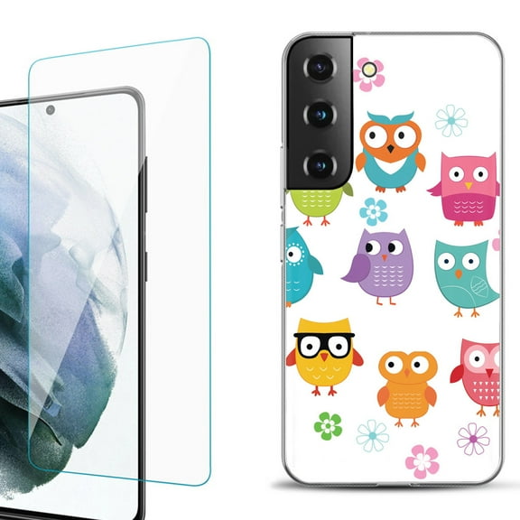 Slim-Fit Fashion Gel Phone Case for Samsung Galaxy S22  5G / S22 Plus 5G, with Tempered Glass Screen Protector, by OneToughShield ® - Happy Owl