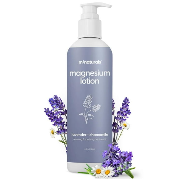 M3 Lavender & Chamomile Magnesium Lotion for Sleep, Relaxing Nightime Cream for Leg Cramps, Sore Feet and Joints|With Moisturizing Shea Butter, Coconut Oil, Collagen and Stem Cells, 8 fl oz